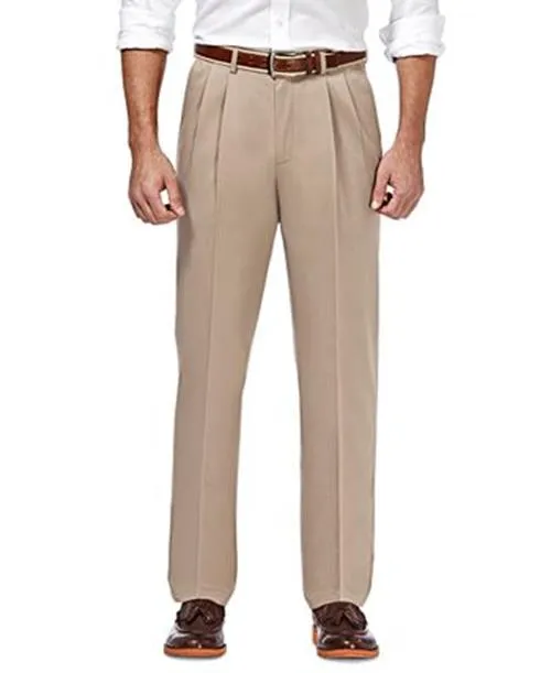 Haggar Premium Mens Non Iron Classic Fit Pleated Khaki Dress Pants Beige 40 x 32