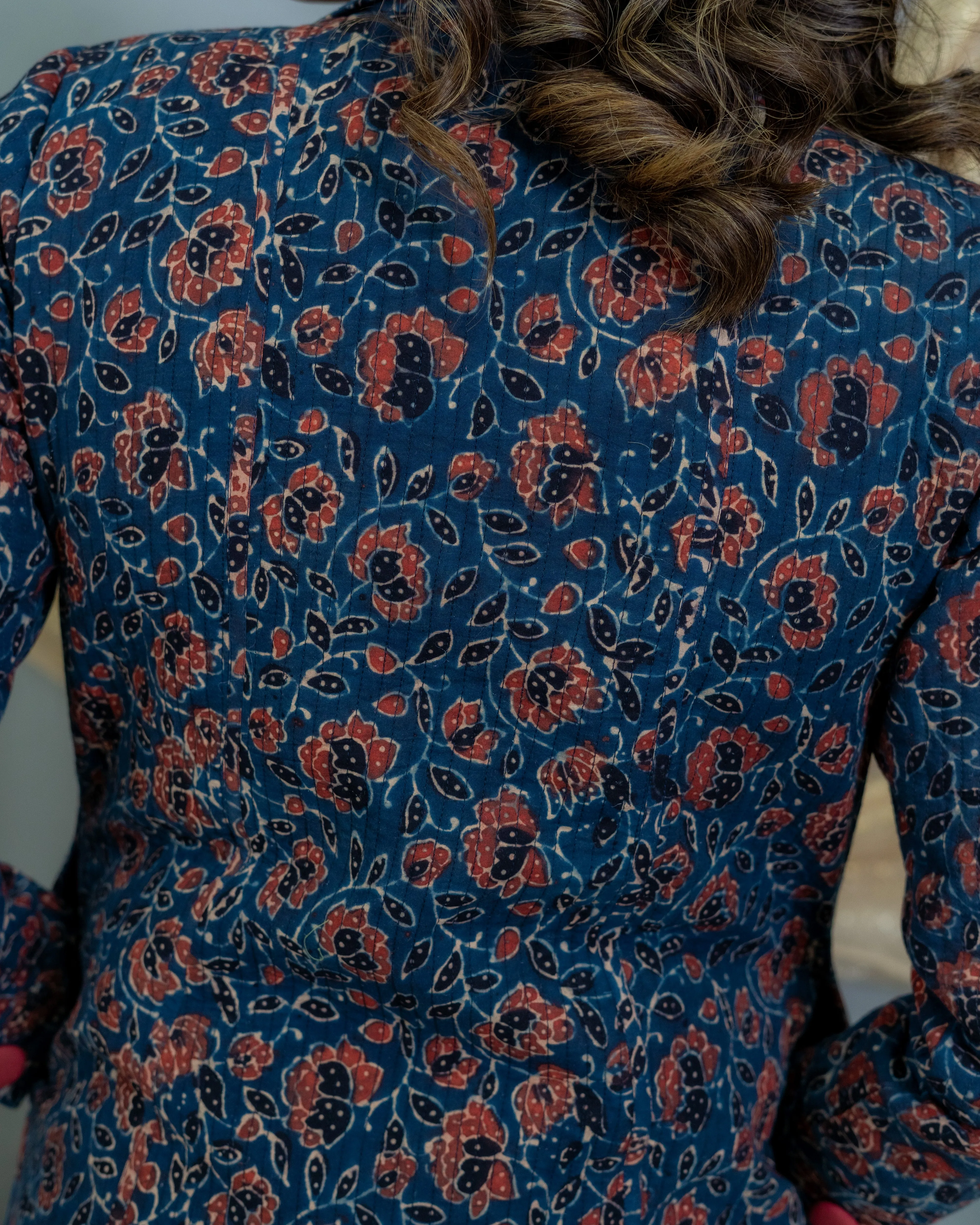 Indigo Ajrakh Handblock Printed  Quilted Coat