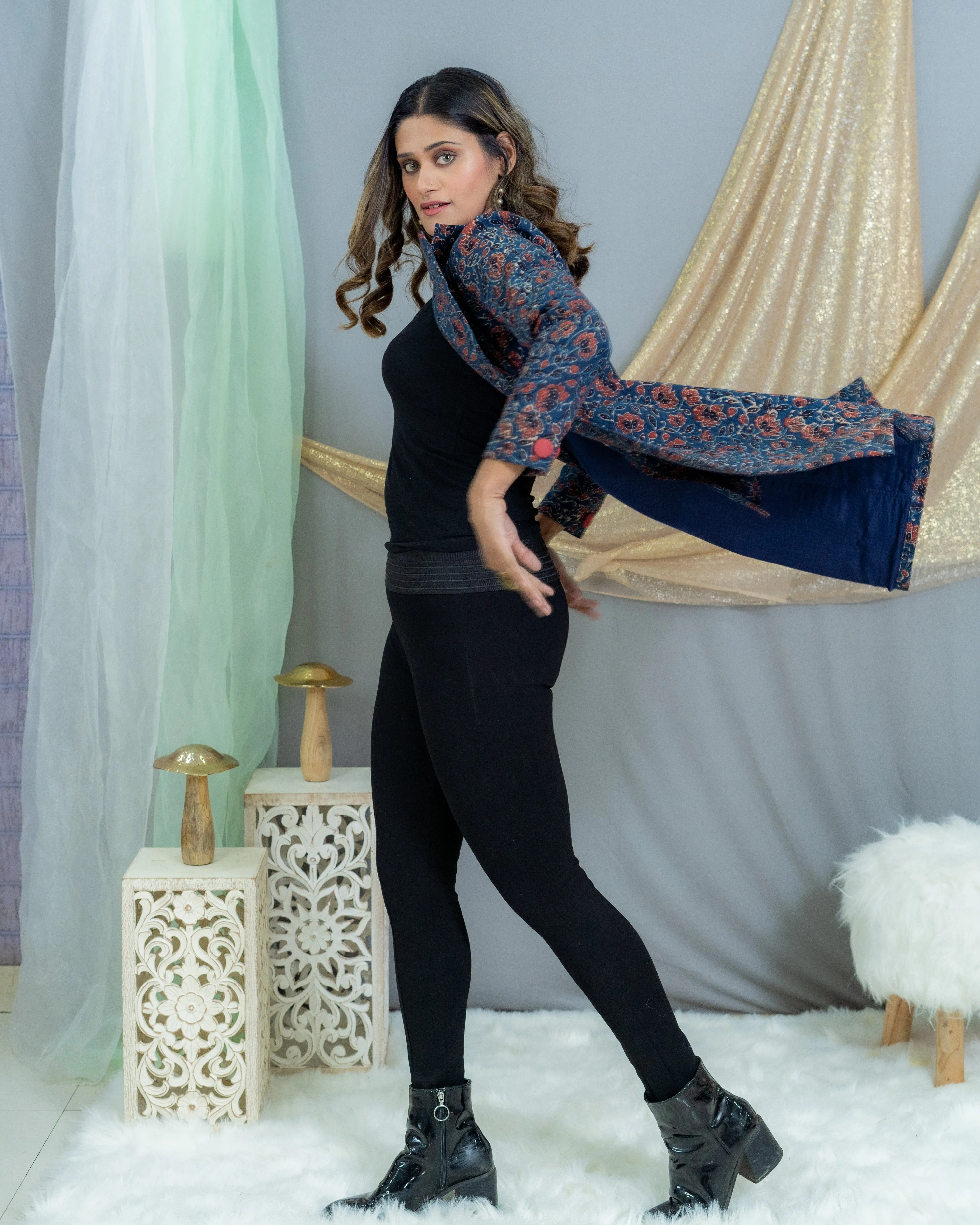 Indigo Ajrakh Handblock Printed  Quilted Coat