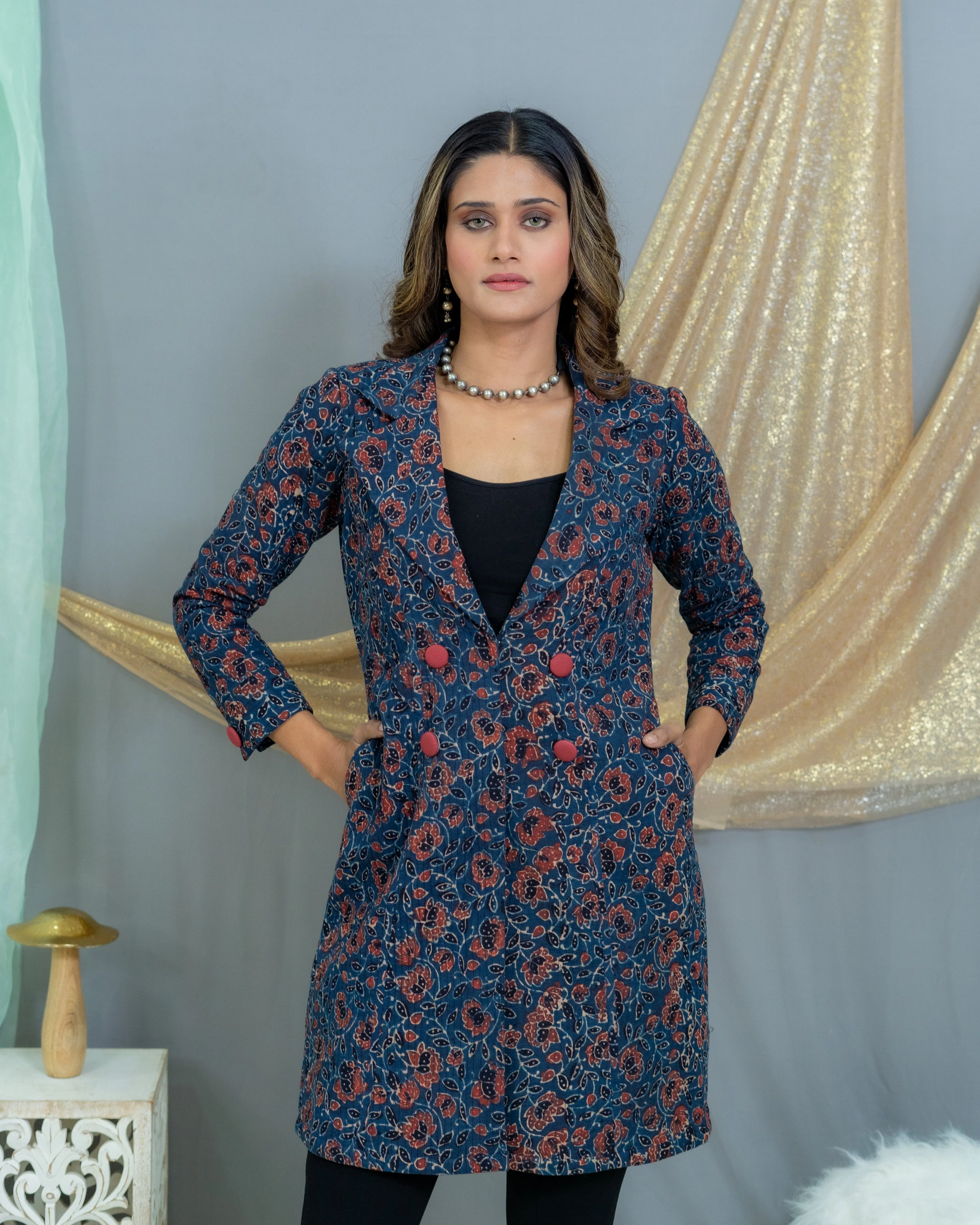 Indigo Ajrakh Handblock Printed  Quilted Coat