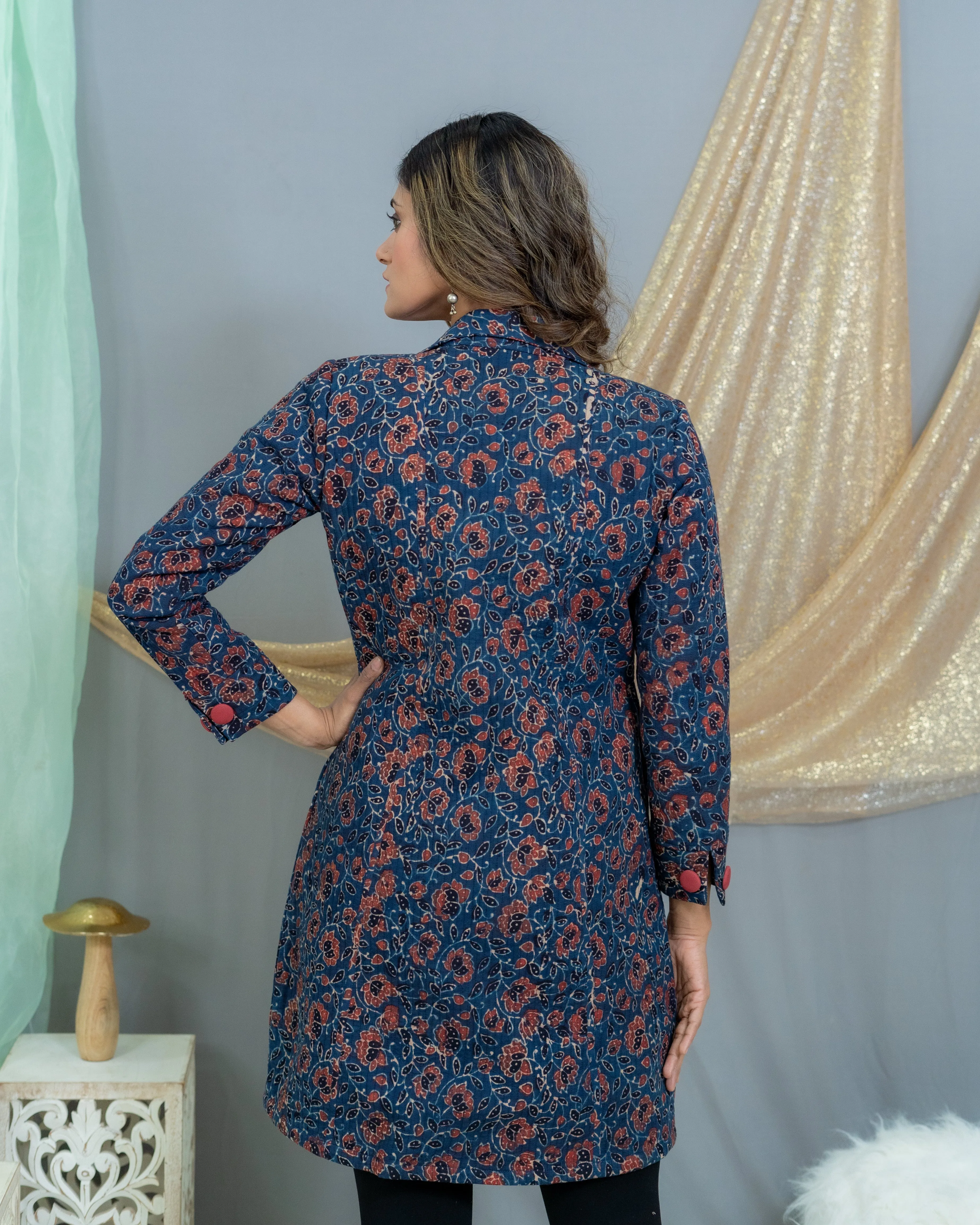 Indigo Ajrakh Handblock Printed  Quilted Coat