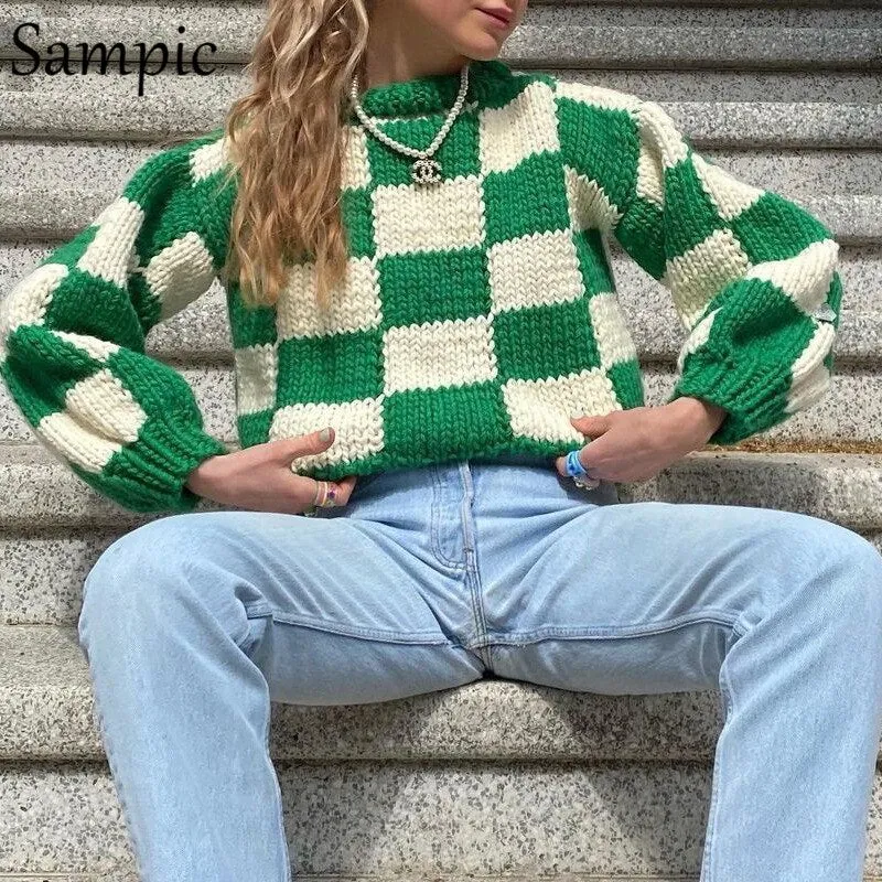 Joskaa Christmas Gift Sampic Green Women Knitted Long Sleeve Winter Pullovers Jumpers Sweater Tops 2024 Autumn Fashion Plaid Cropped Sweater Tops