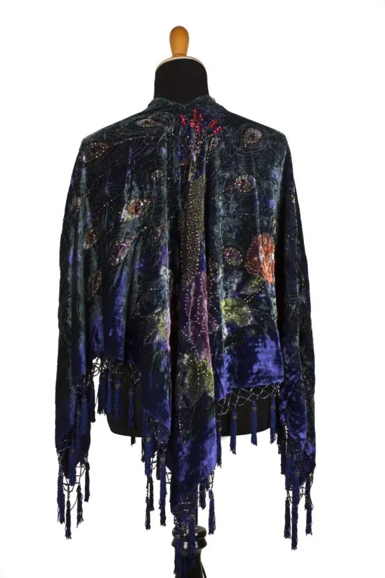 Juno Purple Velvet Beaded Peacock Open Poncho Shawl