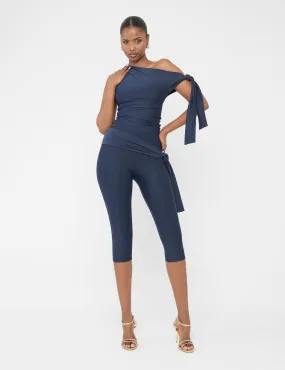 Knot Detail Tie Side Luxe Slinky Capri Pants Navy