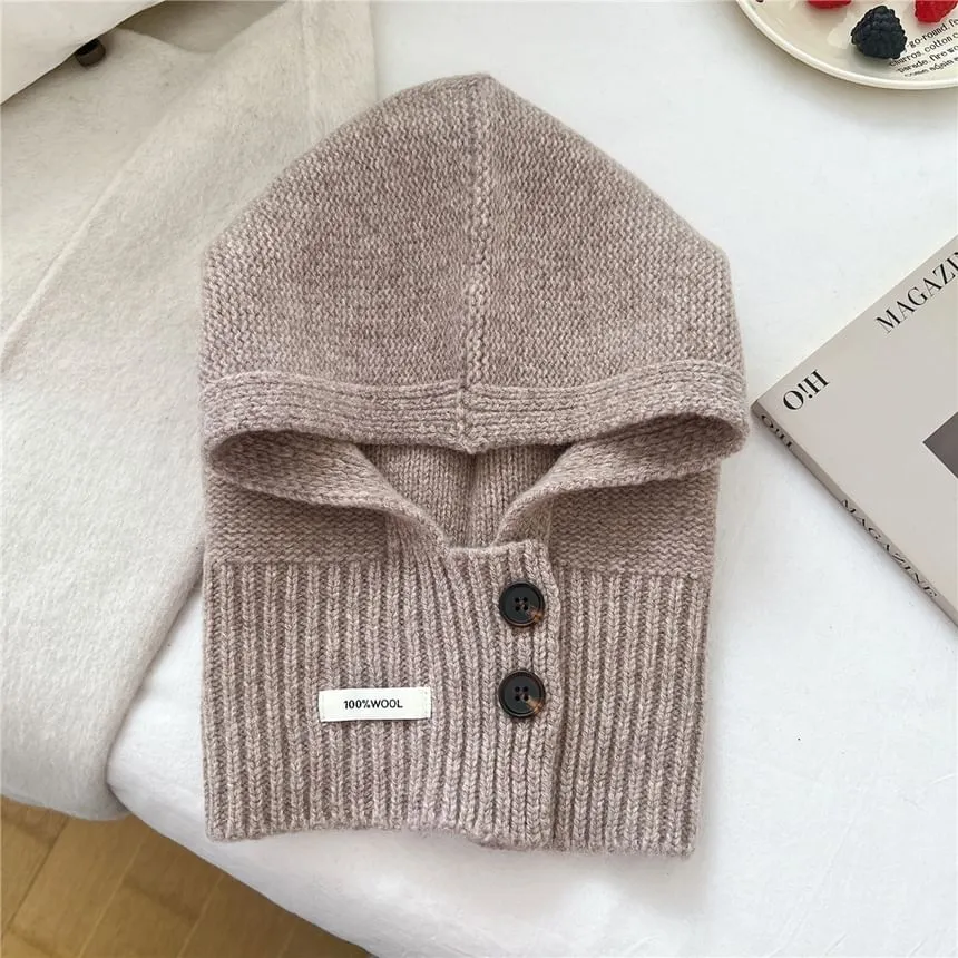 Lettering Applique Button Knit Balaclava