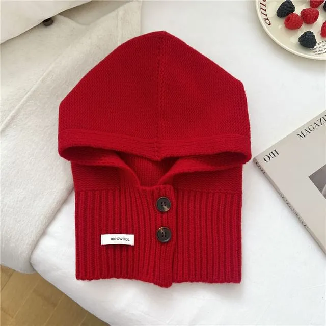 Lettering Applique Button Knit Balaclava