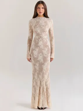 Long Sleeve Lace Print Sexy White Half High Collar Bodycon Dress