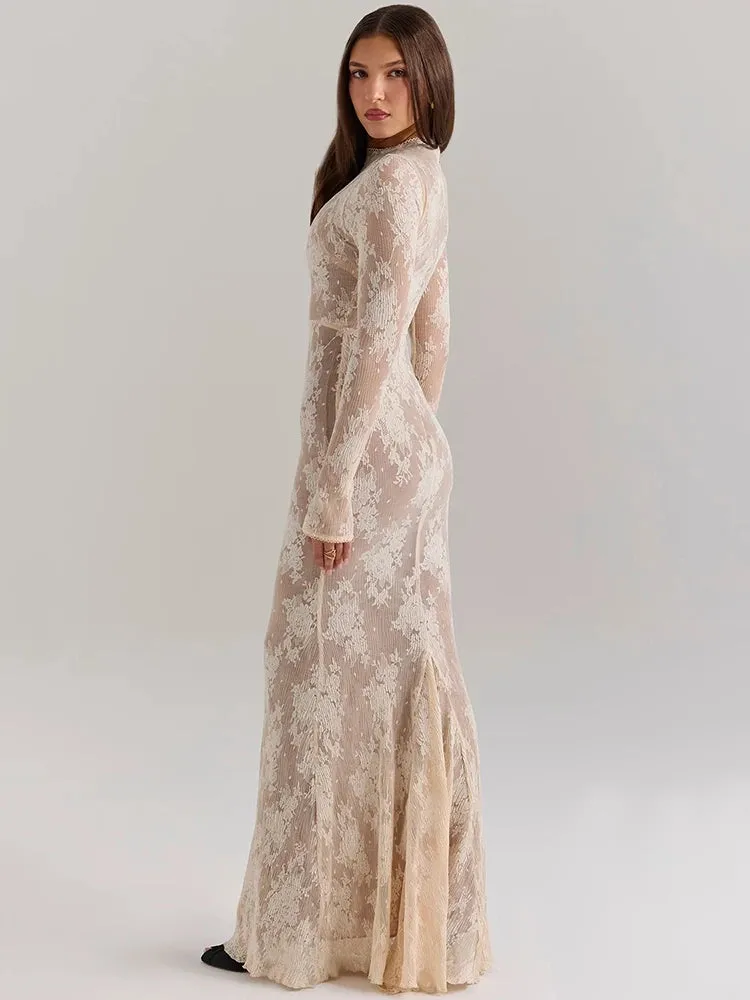 Long Sleeve Lace Print Sexy White Half High Collar Bodycon Dress