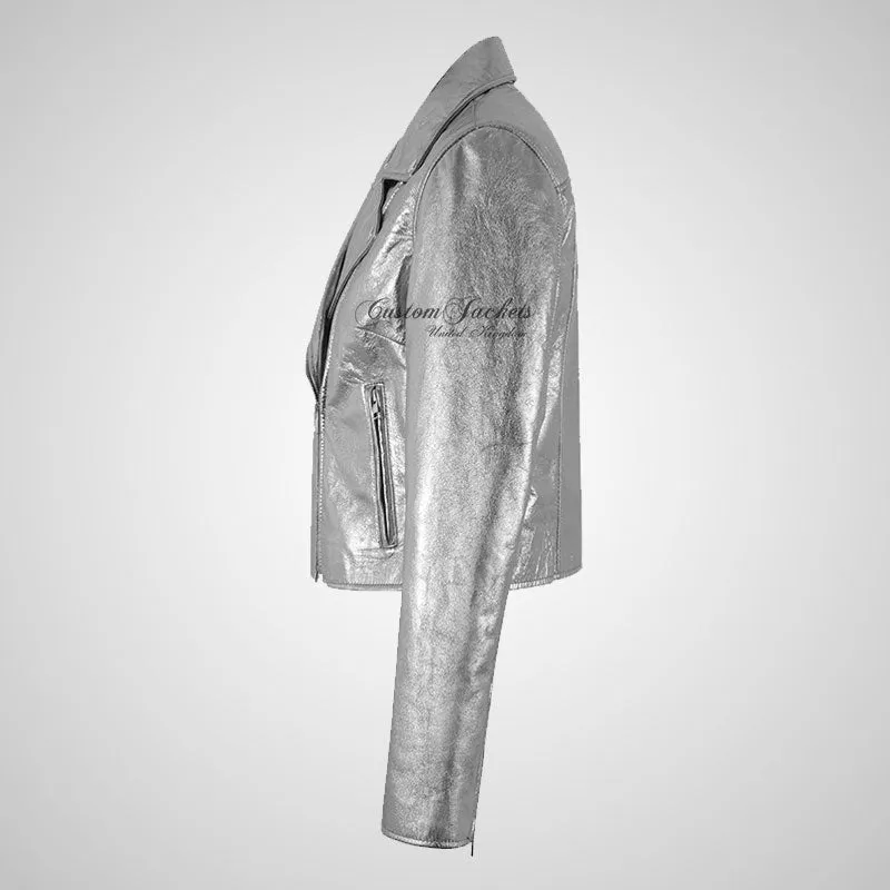 MASY Ladies Biker Leather Silver and Golden Fitted Real Leather Jacket