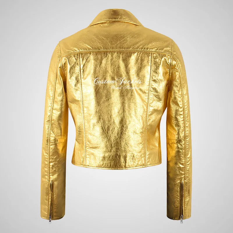 MASY Ladies Biker Leather Silver and Golden Fitted Real Leather Jacket