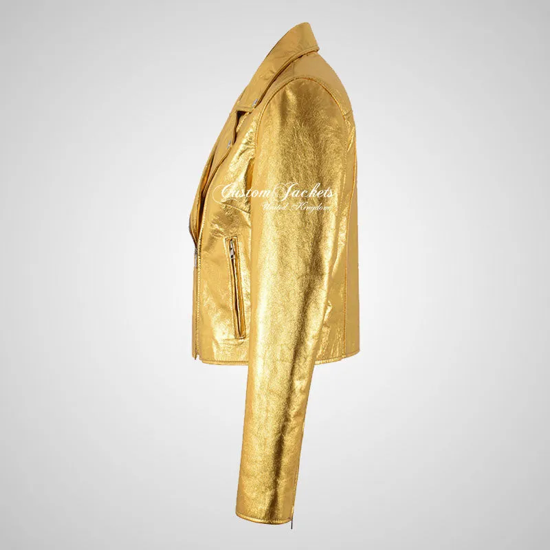 MASY Ladies Biker Leather Silver and Golden Fitted Real Leather Jacket