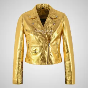 MASY Ladies Biker Leather Silver and Golden Fitted Real Leather Jacket
