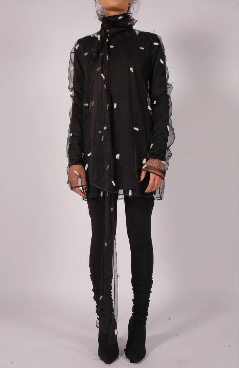 Mesh Polka-Dot  Turtleneck with Scarf