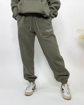 Olive Green Fleece-Lined Luxury Lounge Bmaes Joggers with Pockets