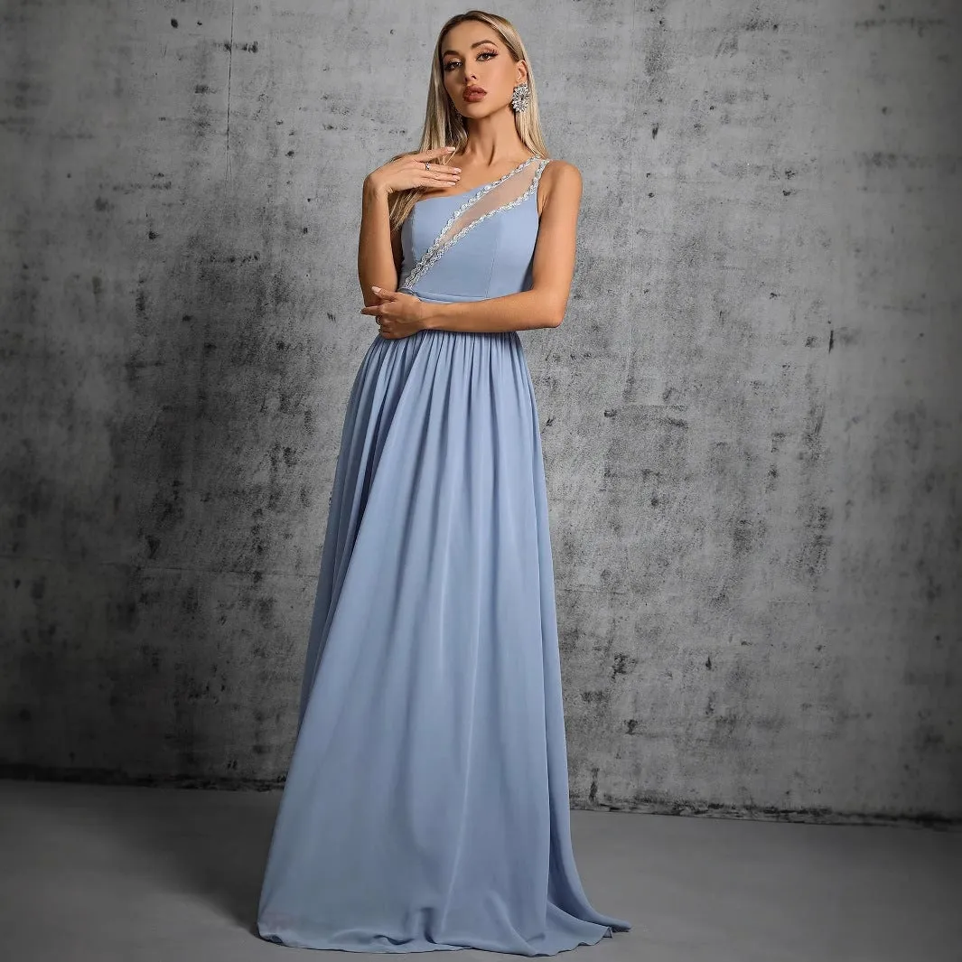 One Shoulder Patchwork Sequins Evening Dress