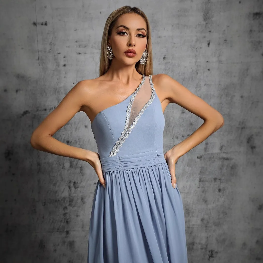 One Shoulder Patchwork Sequins Evening Dress