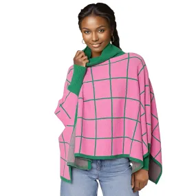 Pink & Green Plaid Cowl Neck Poncho