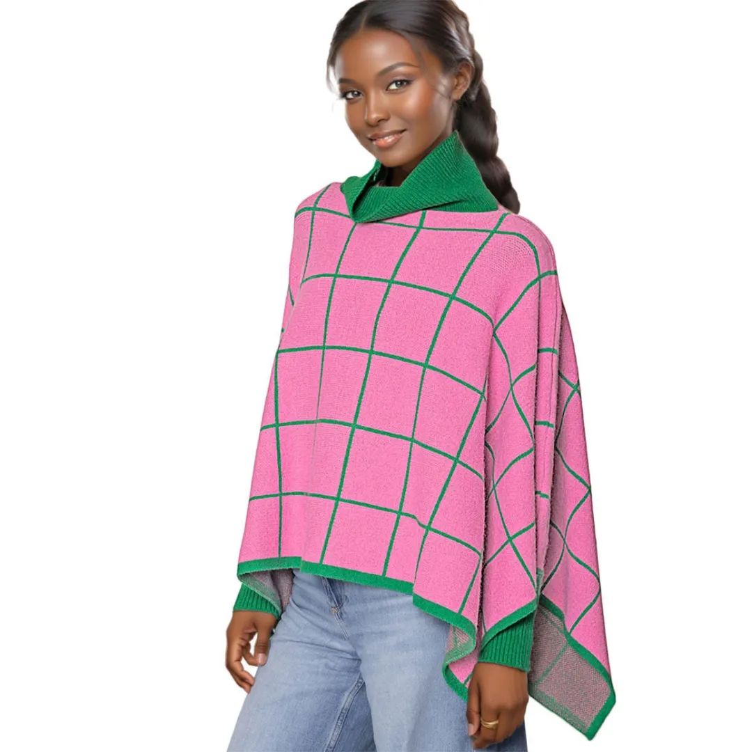 Pink & Green Plaid Cowl Neck Poncho