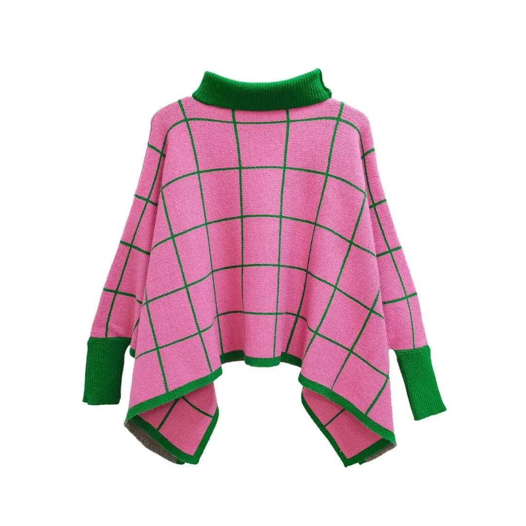 Pink & Green Plaid Cowl Neck Poncho