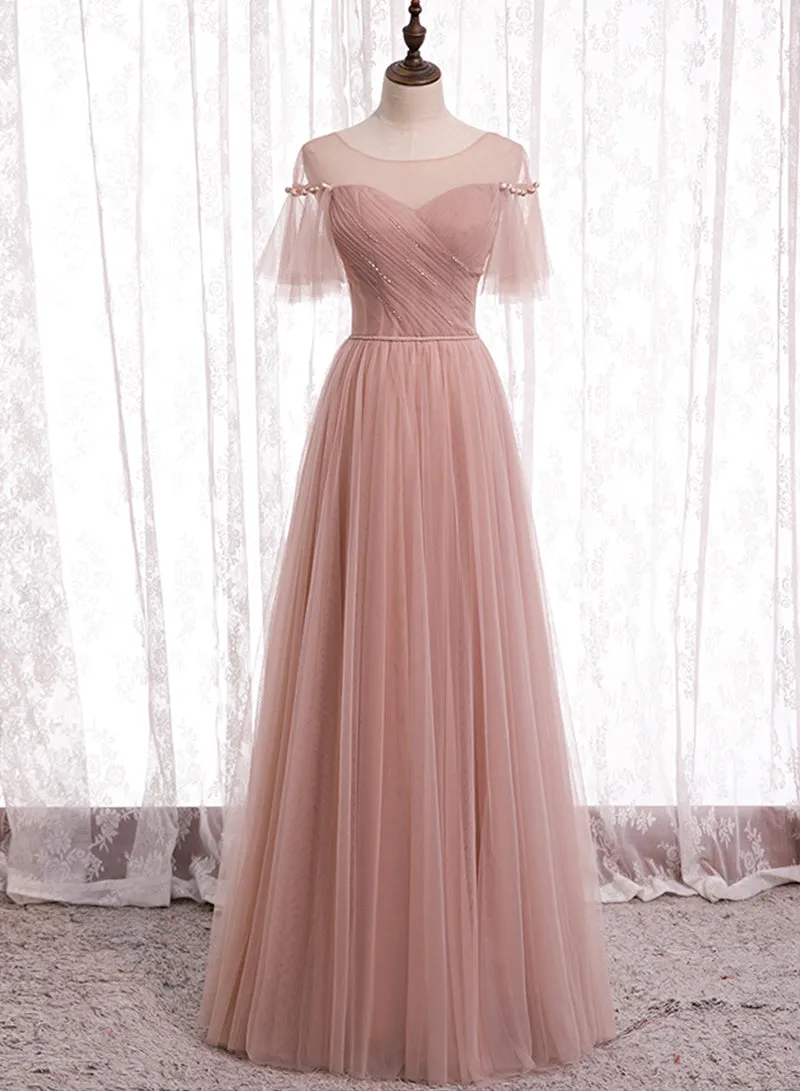 Pink Spaghetti Strap Tulle Long Prom Dress, A-Line Beautiful Evening Dress