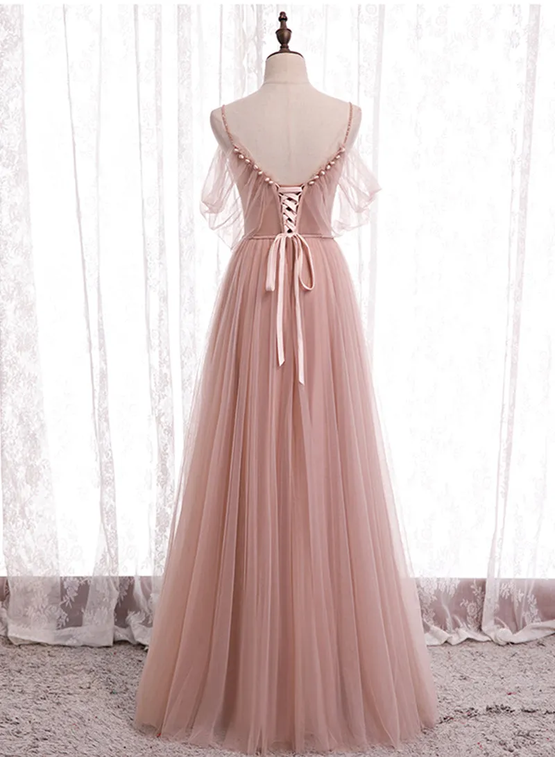 Pink Spaghetti Strap Tulle Long Prom Dress, A-Line Beautiful Evening Dress