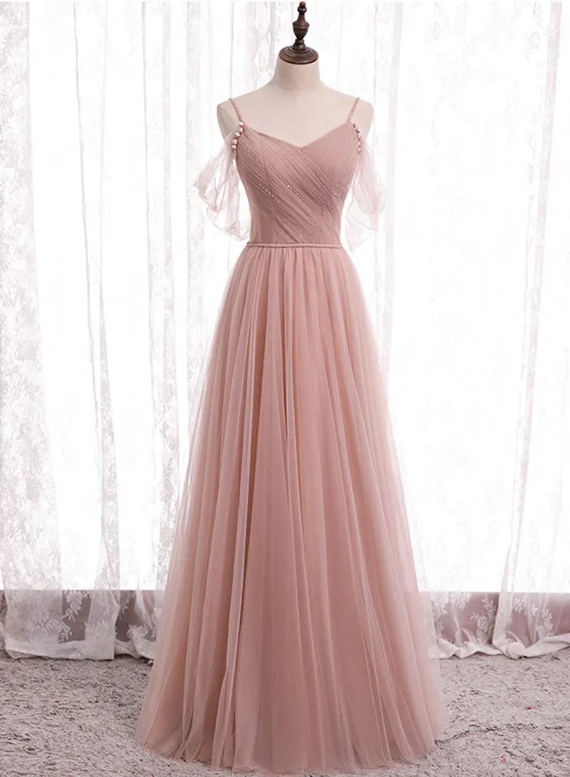Pink Spaghetti Strap Tulle Long Prom Dress, A-Line Beautiful Evening Dress