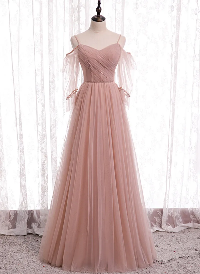 Pink Spaghetti Strap Tulle Long Prom Dress, A-Line Beautiful Evening Dress