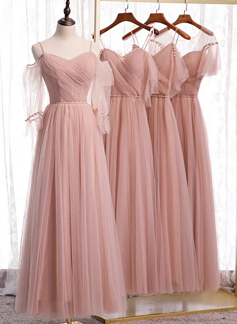 Pink Spaghetti Strap Tulle Long Prom Dress, A-Line Beautiful Evening Dress