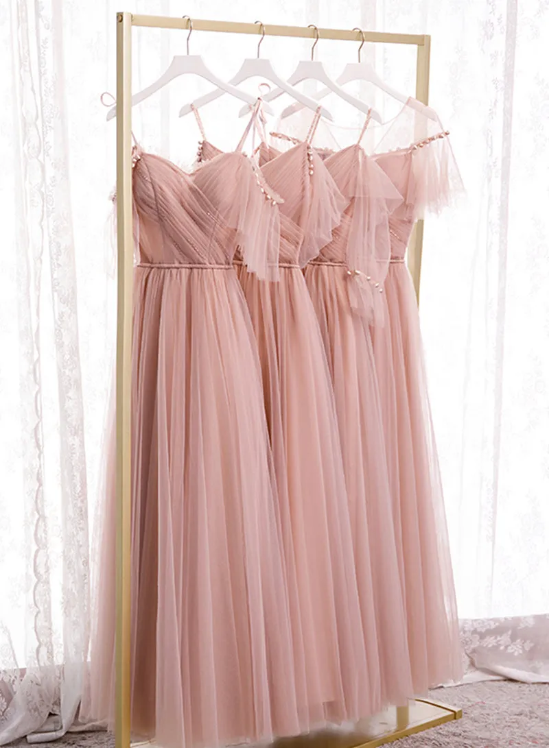 Pink Spaghetti Strap Tulle Long Prom Dress, A-Line Beautiful Evening Dress