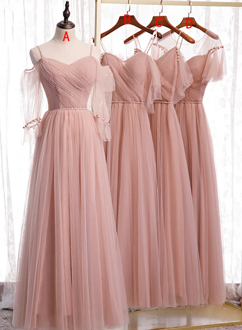 Pink Spaghetti Strap Tulle Long Prom Dress, A-Line Beautiful Evening Dress