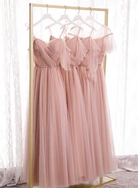 Pink Spaghetti Strap Tulle Long Prom Dress, A-Line Beautiful Evening Dress