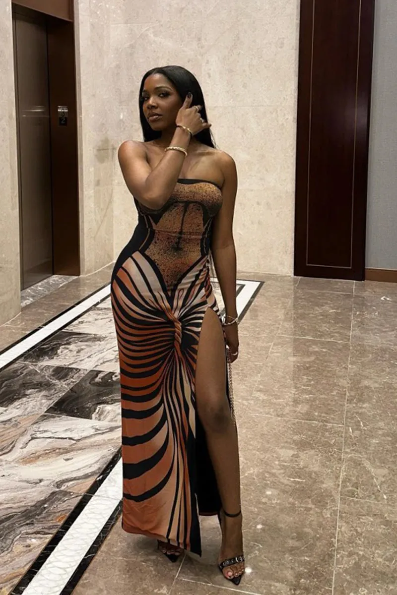 Print Strapless Split Hem Bodycon Maxi Dress