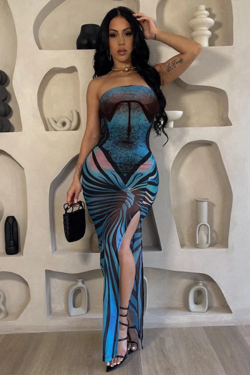 Print Strapless Split Hem Bodycon Maxi Dress