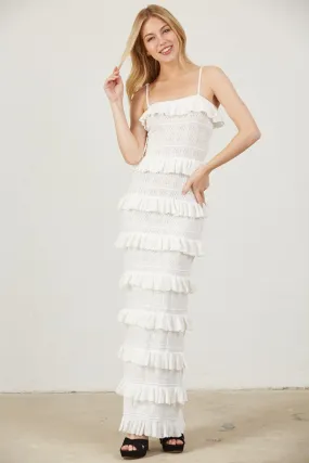 "Totally Engaged" White Fitted Ruffle Maxi Dress