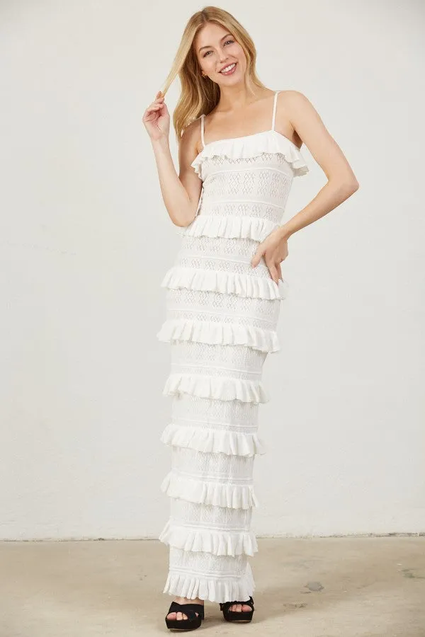 "Totally Engaged" White Fitted Ruffle Maxi Dress