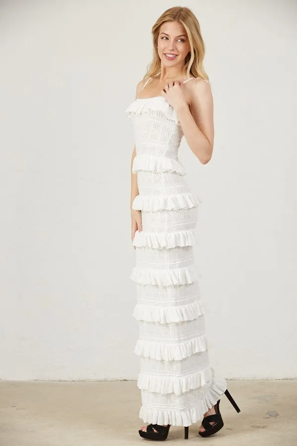 "Totally Engaged" White Fitted Ruffle Maxi Dress