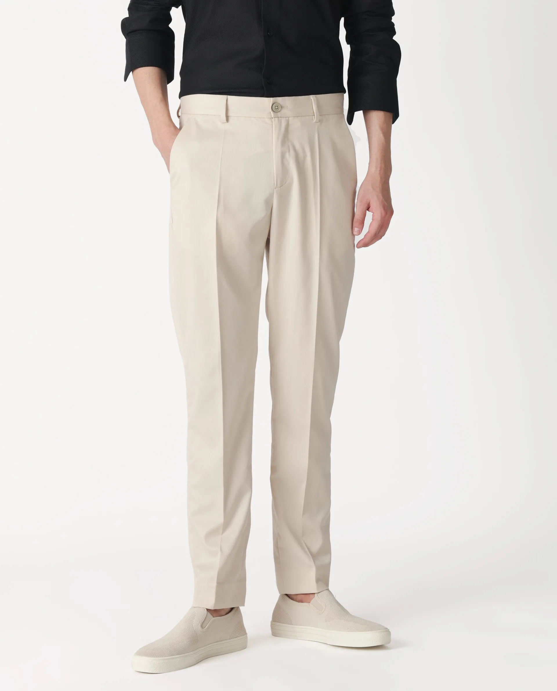 Rare Rabbit Men's Chamer Beige Solid Mid-Rise Regular Fit Cavalry Style Trouser