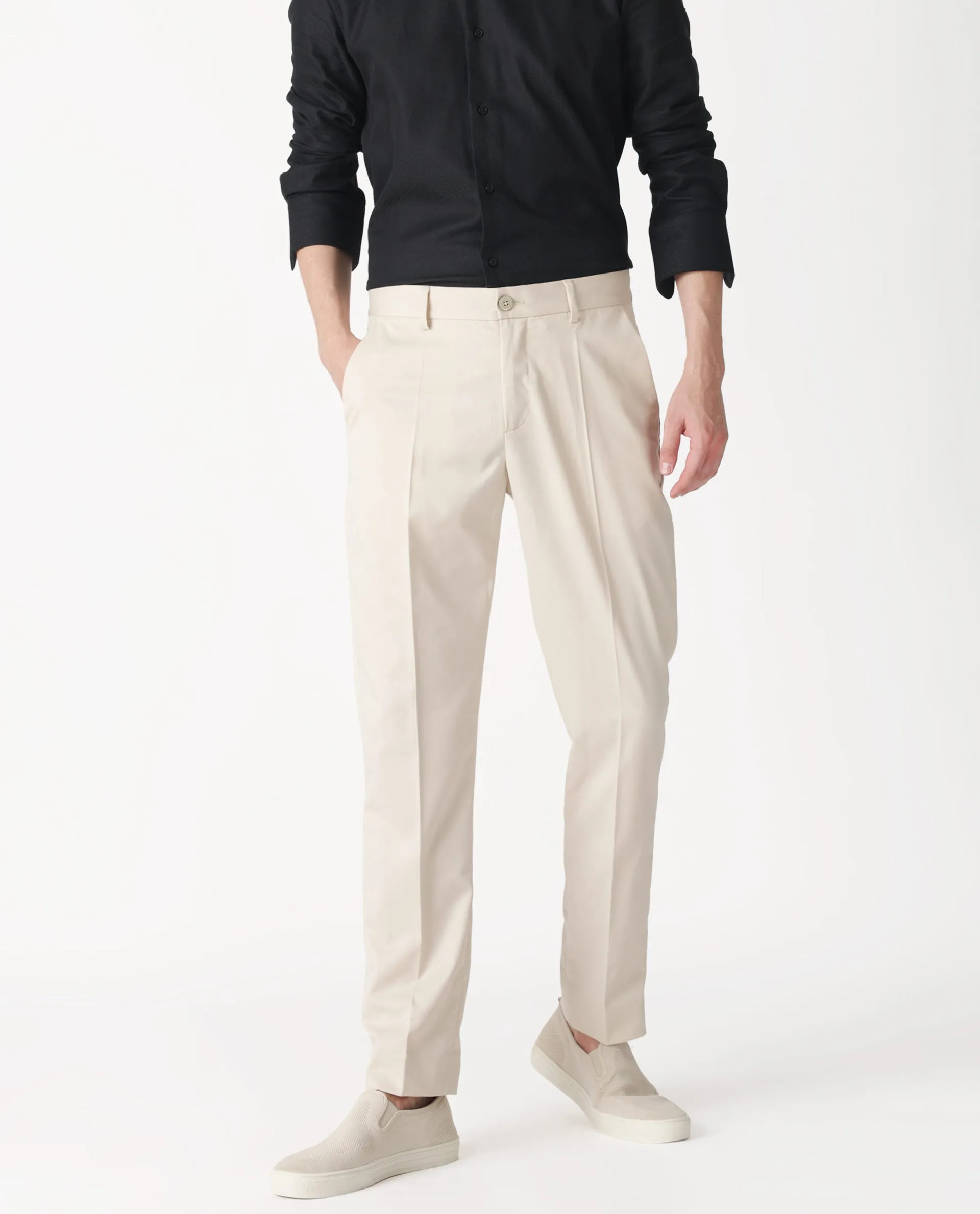 Rare Rabbit Men's Chamer Beige Solid Mid-Rise Regular Fit Cavalry Style Trouser