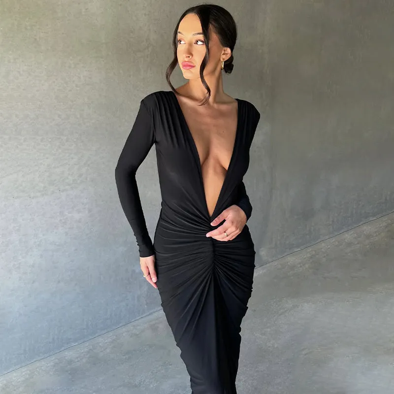 Ruby Deep V Neck Ruched Maxi Dress