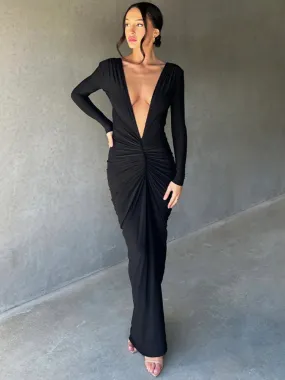 Ruby Deep V Neck Ruched Maxi Dress
