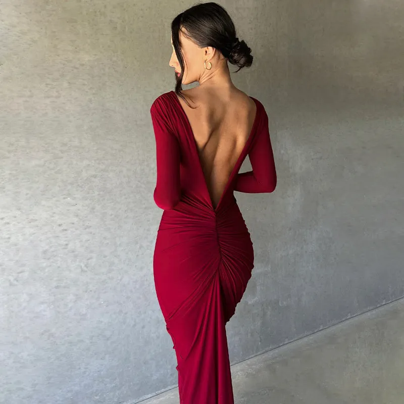Ruby Deep V Neck Ruched Maxi Dress