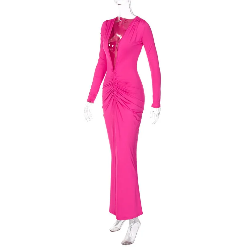 Ruby Deep V Neck Ruched Maxi Dress