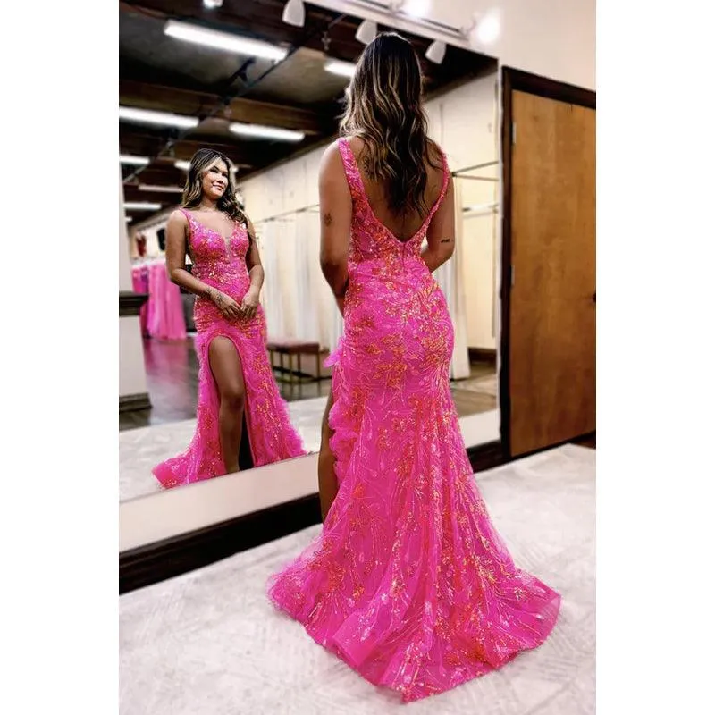 Sheath V-neck A-line Applique Long Prom Dress Evening Gowns with Split