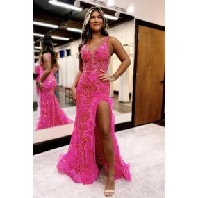 Sheath V-neck A-line Applique Long Prom Dress Evening Gowns with Split