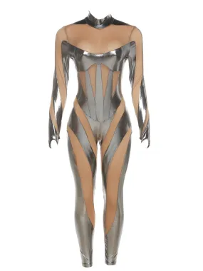 Silver Hollow Out Mesh Patchwork Turtleneck Long Sleeve Jumpsuit