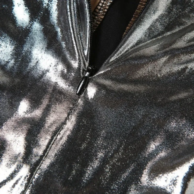 Silver Hollow Out Mesh Patchwork Turtleneck Long Sleeve Jumpsuit