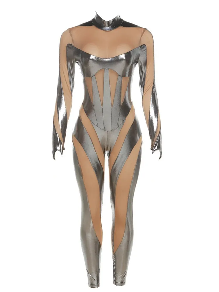 Silver Hollow Out Mesh Patchwork Turtleneck Long Sleeve Jumpsuit