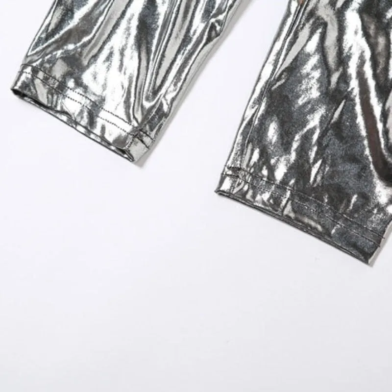 Silver Hollow Out Mesh Patchwork Turtleneck Long Sleeve Jumpsuit