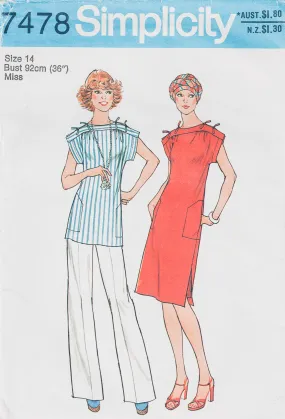 Simplicity 7478 Womens Kimono Sleeved Dress or Top & Pants 1970s Vintage Sewing Pattern Size 14 Bust 36 inches