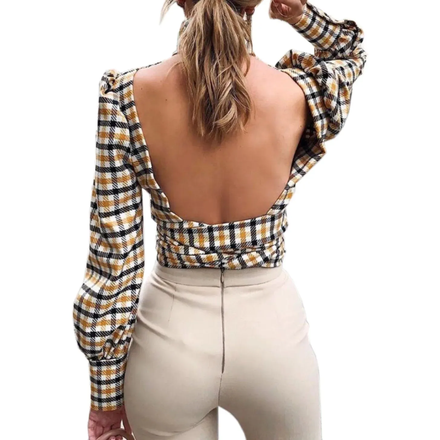 Turtleneck Plaid Printed Lace up Blouse